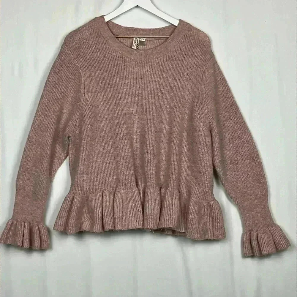 Divided Womens Sweater XL Pink Pullover Flounced Sleeves & Hemline Trendy Unique